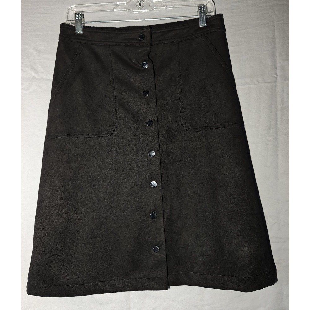 T Tahari Vegan Faux Suede Leather Medium Midi Pencil Skirt Button Black